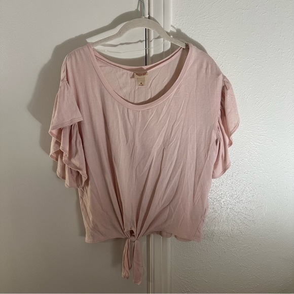 Light Blush Pink Ruffle Sleeve Top Blouse Target Medium Soft Flowy Tie Cropped - Picture 10 of 12